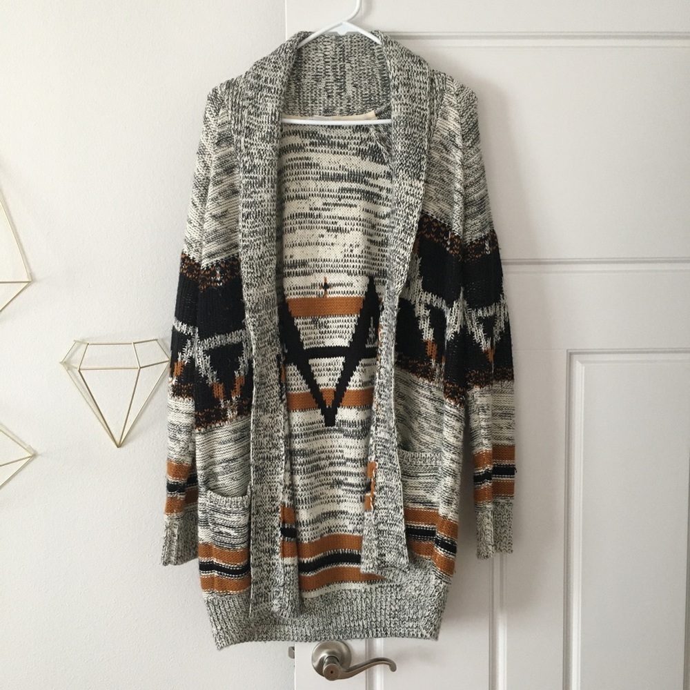 Oversized Long Casual Patterned Sweater, Neutral Fall Cozy Cardigan, Size Large